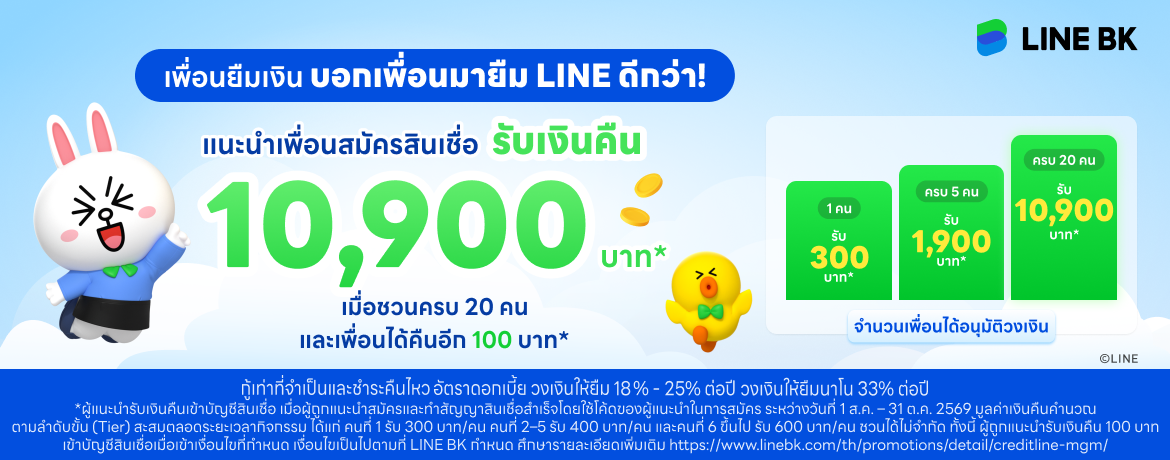 สินเชื่อดี๊ดี ต้องมีบอกต่อ เฟส3 รับเงินคืนสูงสุด 600 บาท/คน เมื่อชวนเพื่อนมาสมัครสินเชื่อ LINE BK
